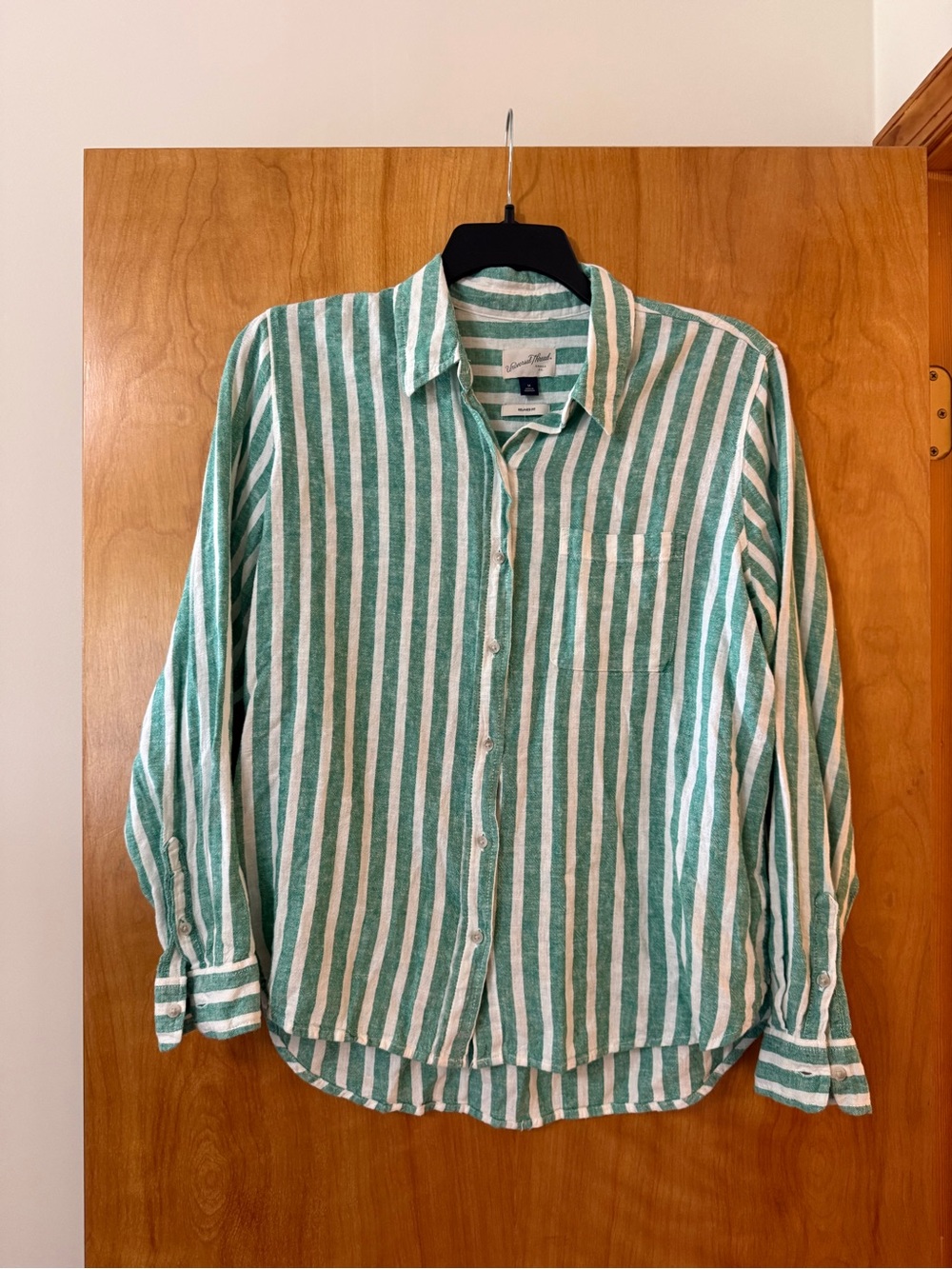 Universal Thread Striped Linen Blend Button-Up Shirt Relaxed Fit Green Medium